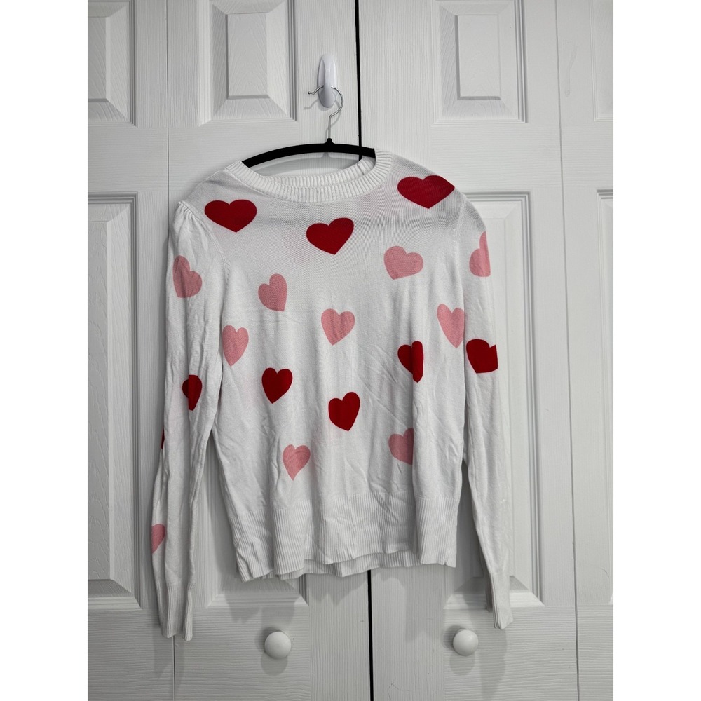 Marled Sweater Women's Medium White Red Heart Print Long Sleeve Pullover Stretch
